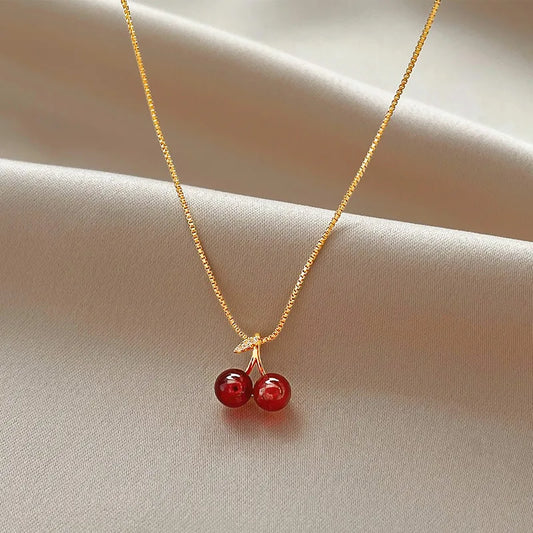 New Wine Red Cherry Gold Colour Pendant Necklace For Women